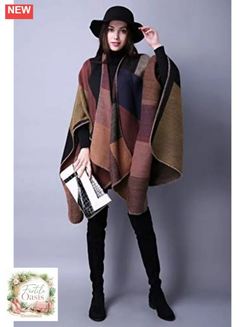Reversible Plaid Poncho Shawl Wrap Sweater Cape | Long Sleeve, Oversized, Open